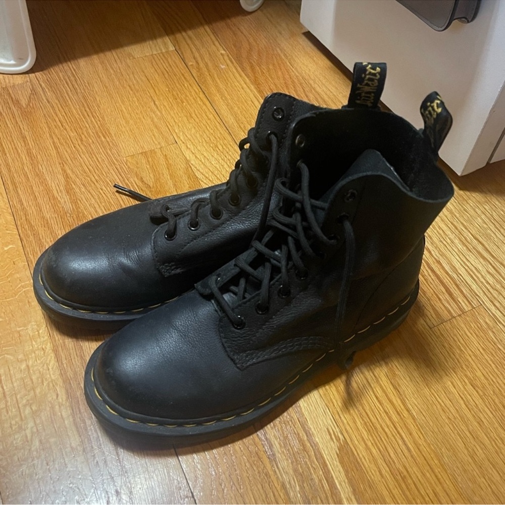 Dr. Martens Black Leather Boots with Yellow Stitching